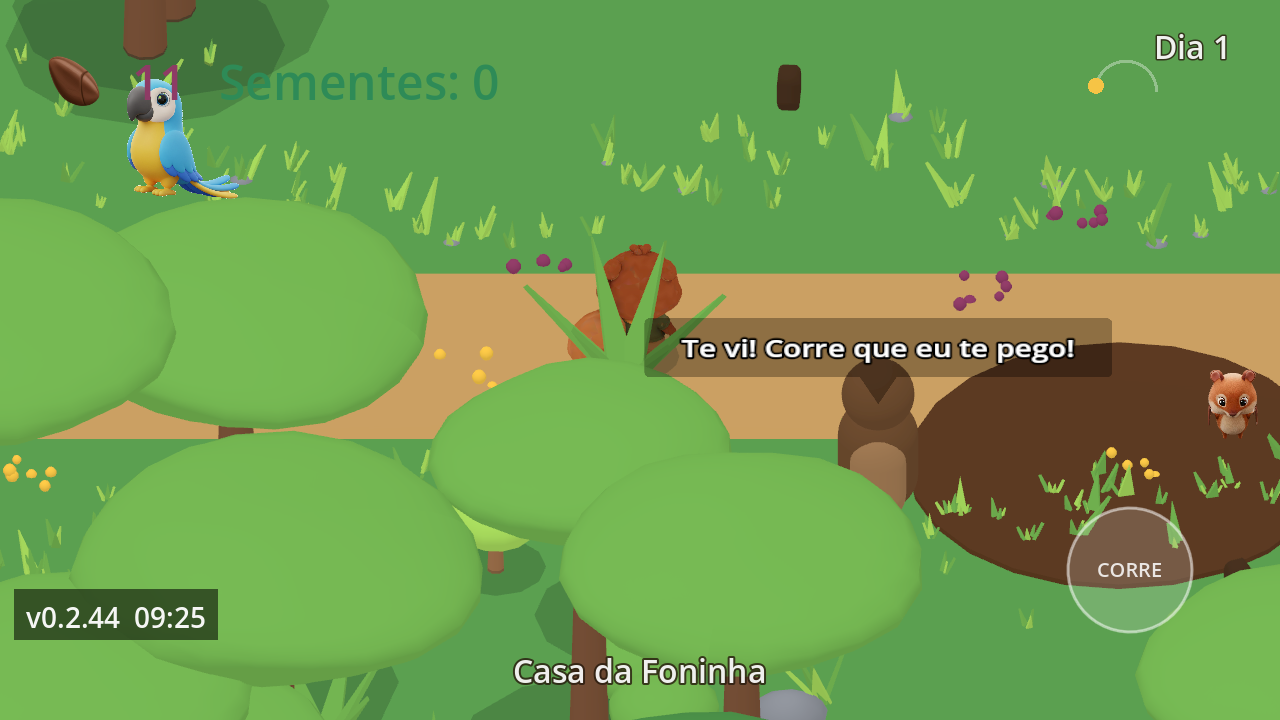 Foninha na trilha da floresta, com a arara-azul por perto e o Kurupira avisando perigo